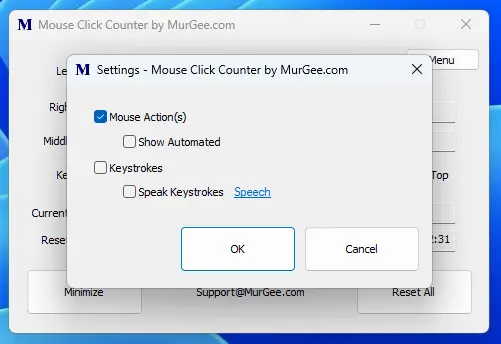 Screenshot Displaying Configurable Settings Screen of Mouse Click Counter Software for Windows